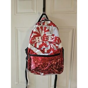Cheer Backpack Red White Glitter Pom Pom Print School Dance Cheerleading Bag